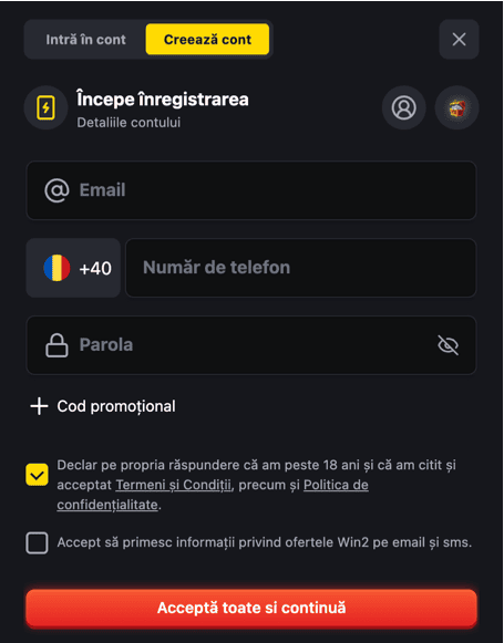 Registration at Win2 casino